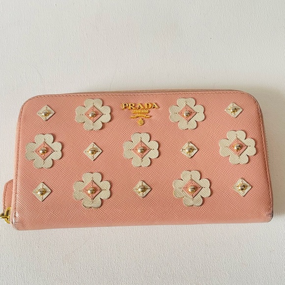 PRADA Saffiano Leather Flower Pearl Long  Zip Around Wallet - Picture 8 of 8